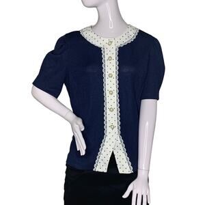 Dress Savvy New York Blouse Size 14P Navy Blue Polka Dot Trim Short Sleeve